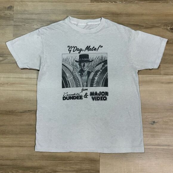 Vintage Size L Crocodile Dundee Promo Tee Gray G'Day Mate 80s Single Stitch - Picture 1 of 6